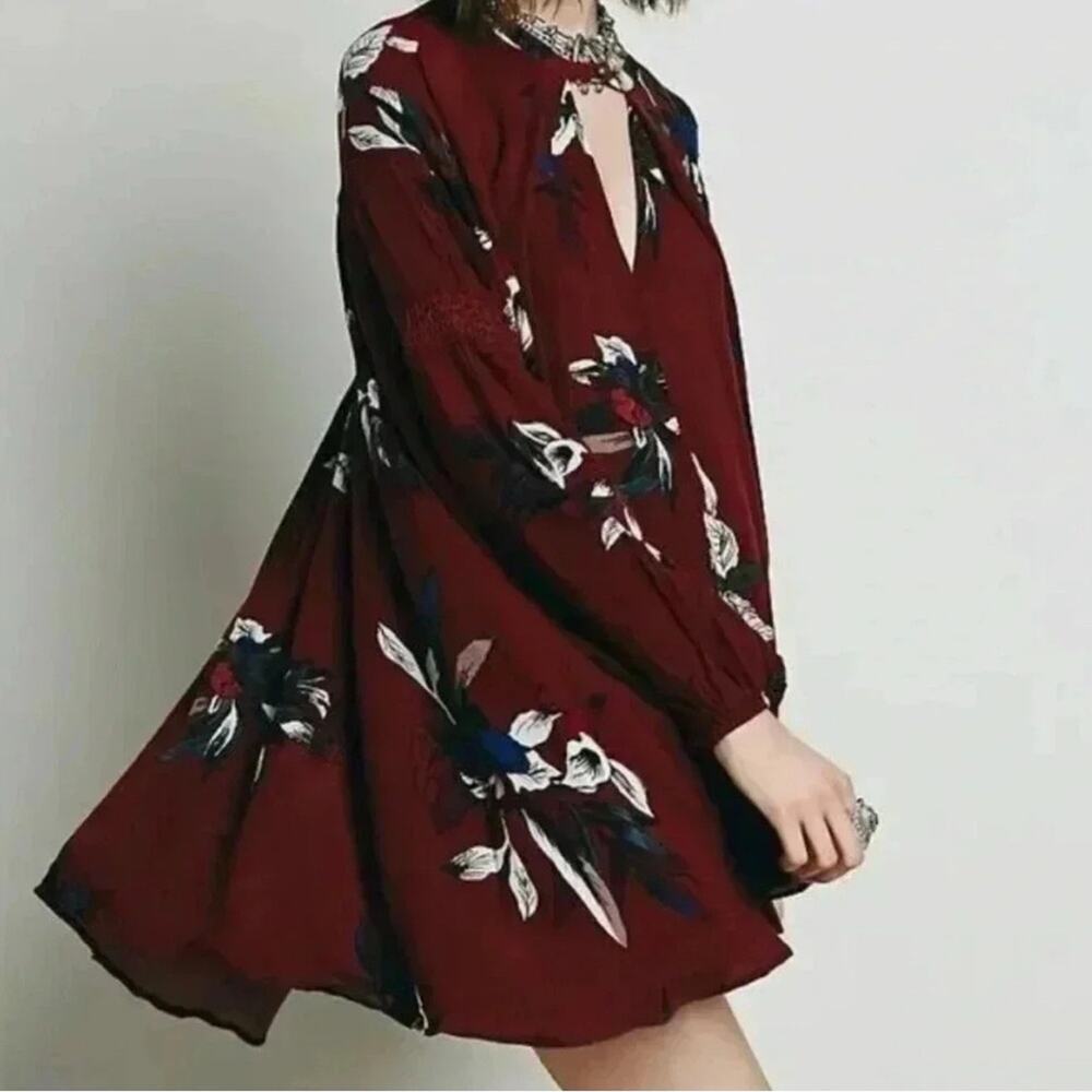 Free People Tree Swing Boho Burgundy Floral Print Long Sleeve Tunic Top Dress XS